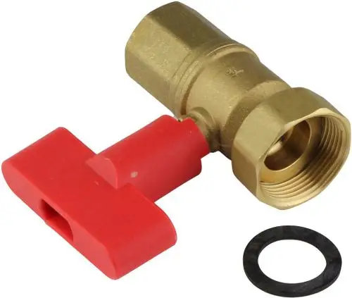 BOSCH Kugelhahn mit rotem Hebel und einer Runddichtung. Aus Messing gefertigt, eine Öffnung für Verbindung. Einsatz zur Steuerung von Flüssigkeitsströmen.